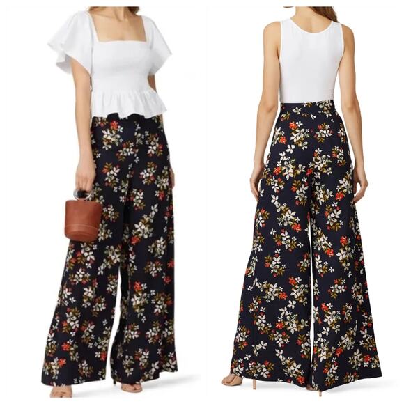 Jill Stuart Wide Leg High Rise Floral Pants 14 Navy Blue - Picture 1 of 13